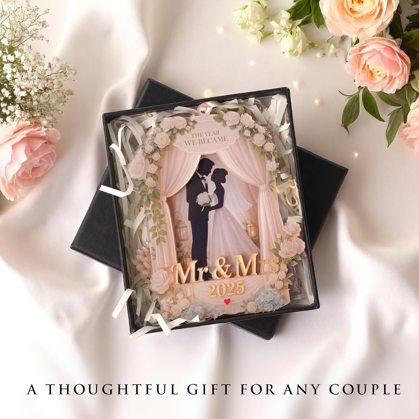Wedding Gifts for Couples 2025, 3D Acrylic Double Layers Just Married Ornament 2025, Mr and Mrs Ornaments, Car Hanging Ornament, Bride Gift, Gift for Newlyweds (Wedding Ornament White)