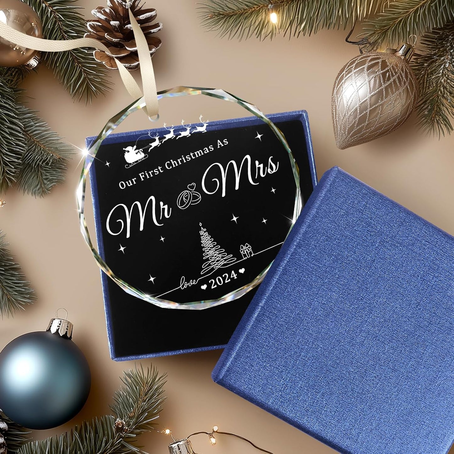 Wedding Gifts, Mr and Mrs Gifts, First Christmas Married Ornament 2024, Wedding Gift for Couple, Unique Crystal Bridal Shower Gift for Bride