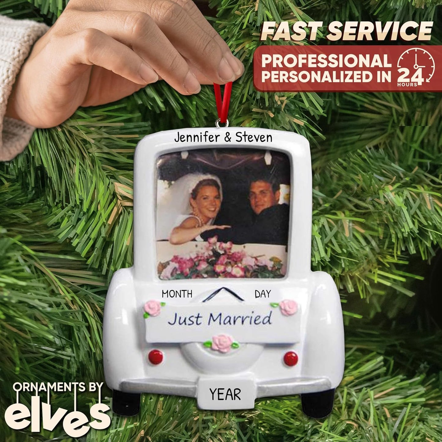 Ornaments by Elves - Personalized Wedding Ornament 2024, Our First Christmas Married, Polyresin Hanging Ornament