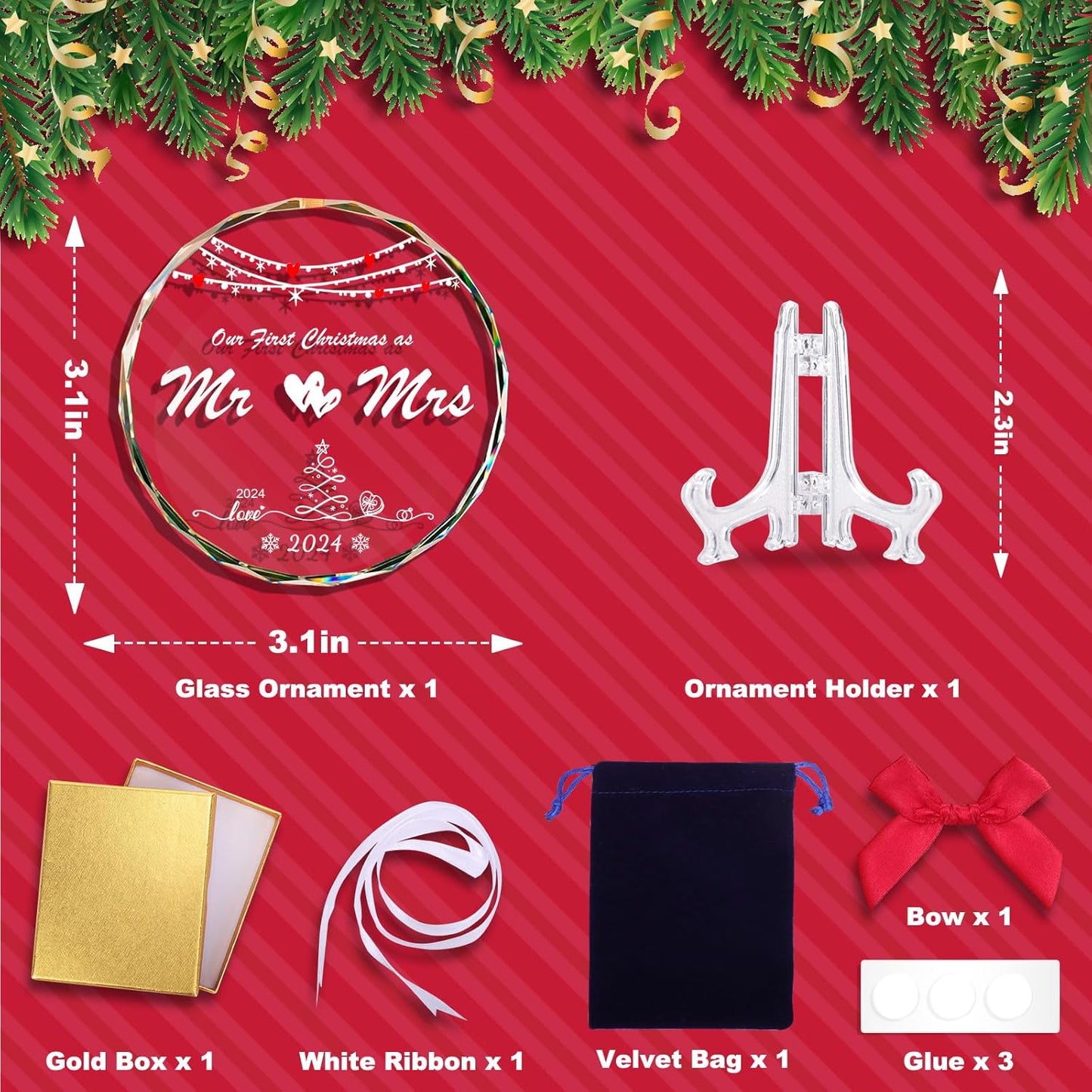 BABORUI First Christmas Wedding Gifts - Mr and Mrs Gifts - Wedding Gifts for Couples 2024, First Christmas Married Ornament with Holder, Bridal Shower Gifts for Newlywed Couple