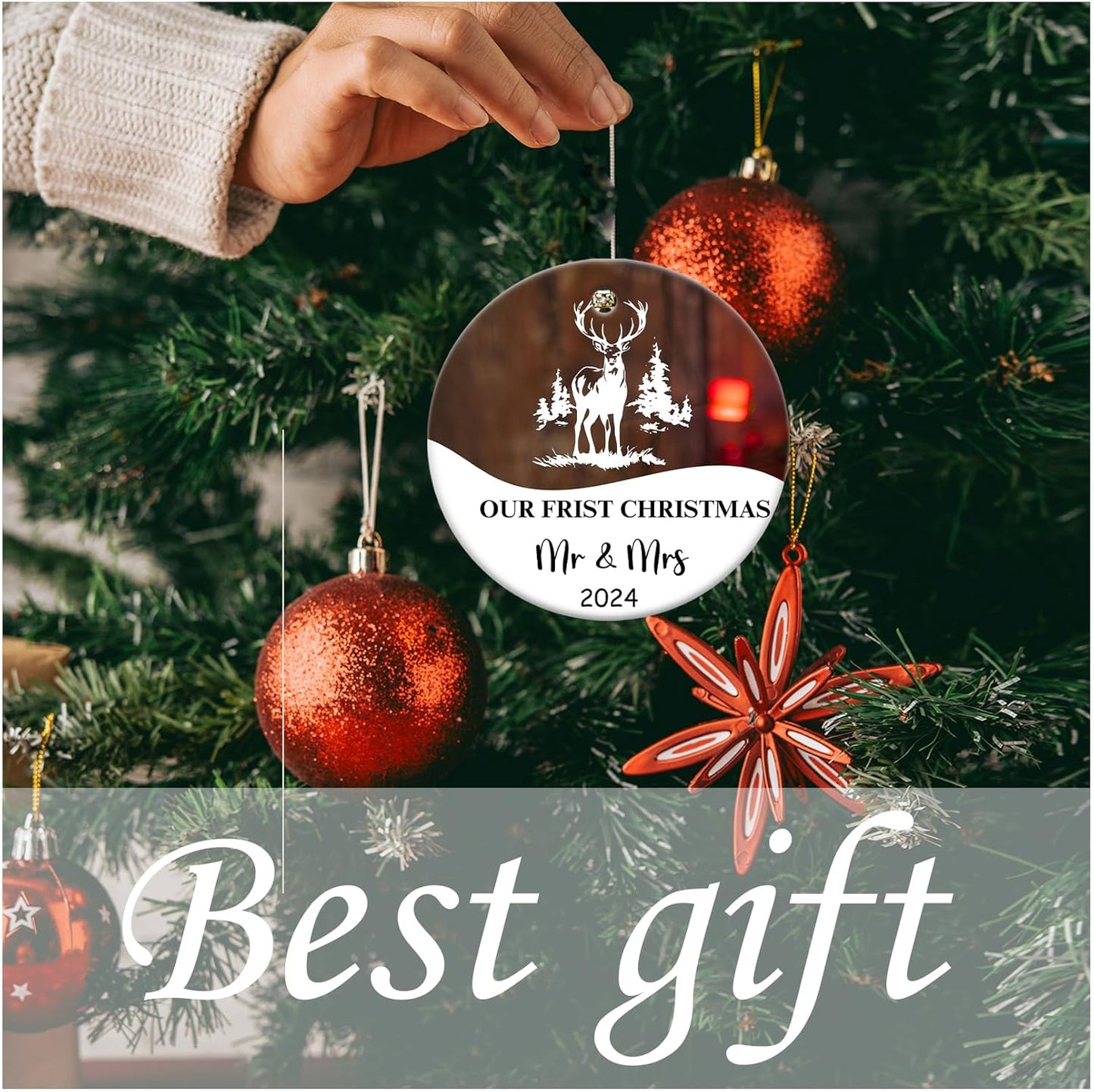 Our First Christmas Married Ornament 2024, Just Married Christmas Ornament as Mr and Mrs, First Year Newlywed 2.9 Ceramic Round Ornament Gift for Wedding Xmas Decoration
