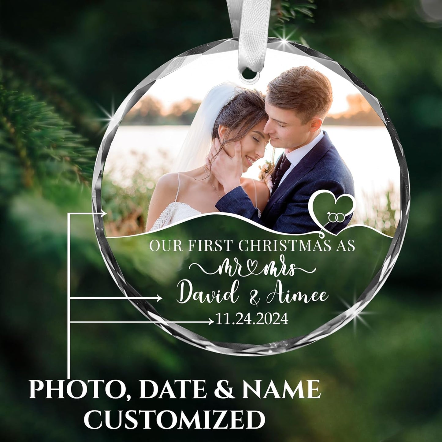 Custom Wedding Glass Ornament - Our First Christmas As Mr& Mrs Ornament - Personalized First Christmas Ornaments with Custom Name, Photo, Date