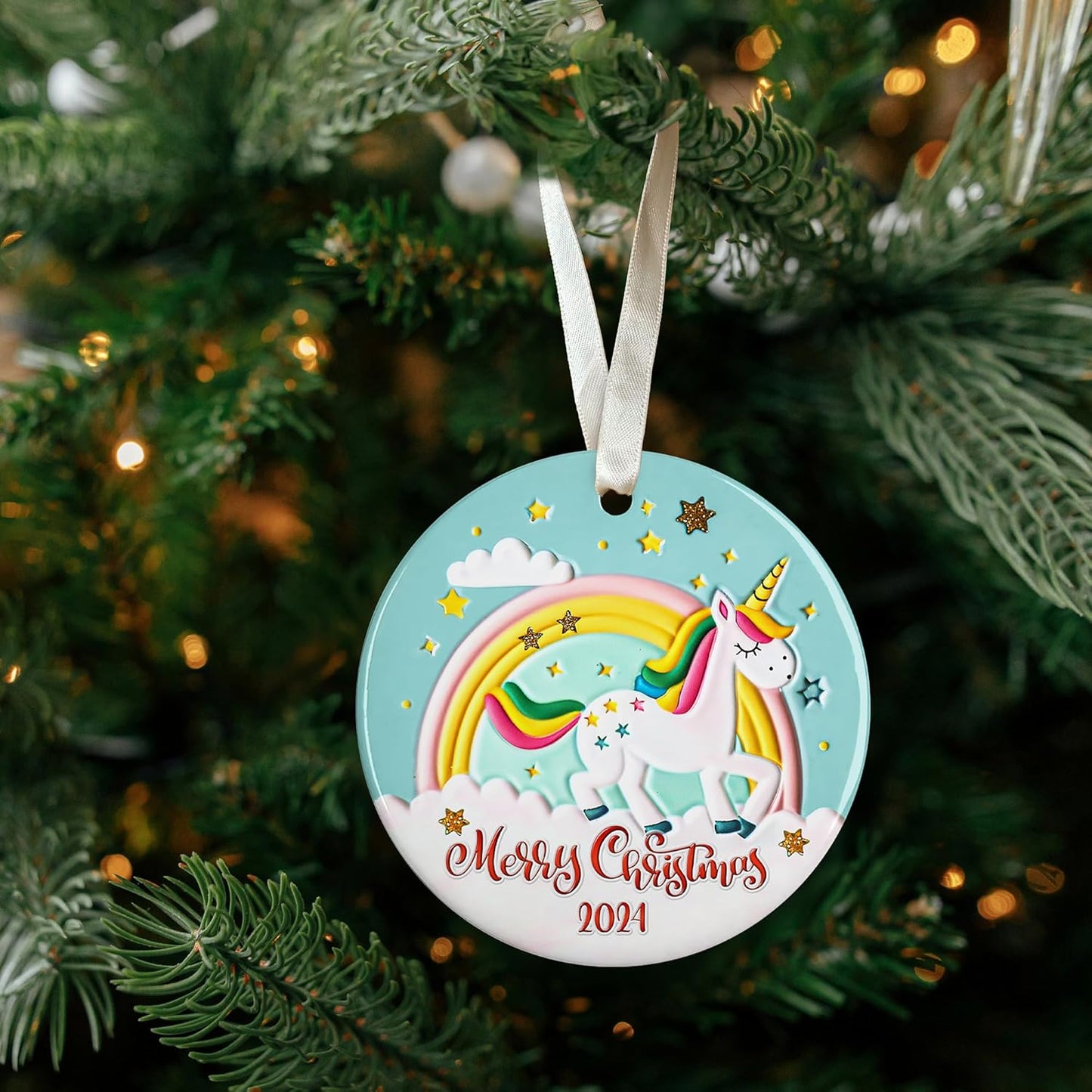 Unicorn Christmas Ornament - Unicorn Ornaments for Christmas Tree, Kids Ornaments - Rainbow Unicorns Ceramic Ornament