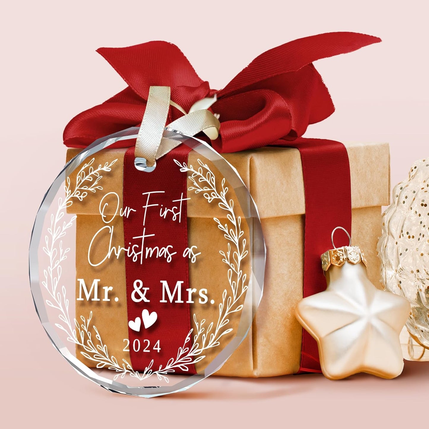 Our First Christmas Ornament Married 2024 - Wedding Gifts - Mr and Mrs Gifts for Couple, Bride - 1st Married Bridal Shower Gift Ideas - Glass Xmas Ornament