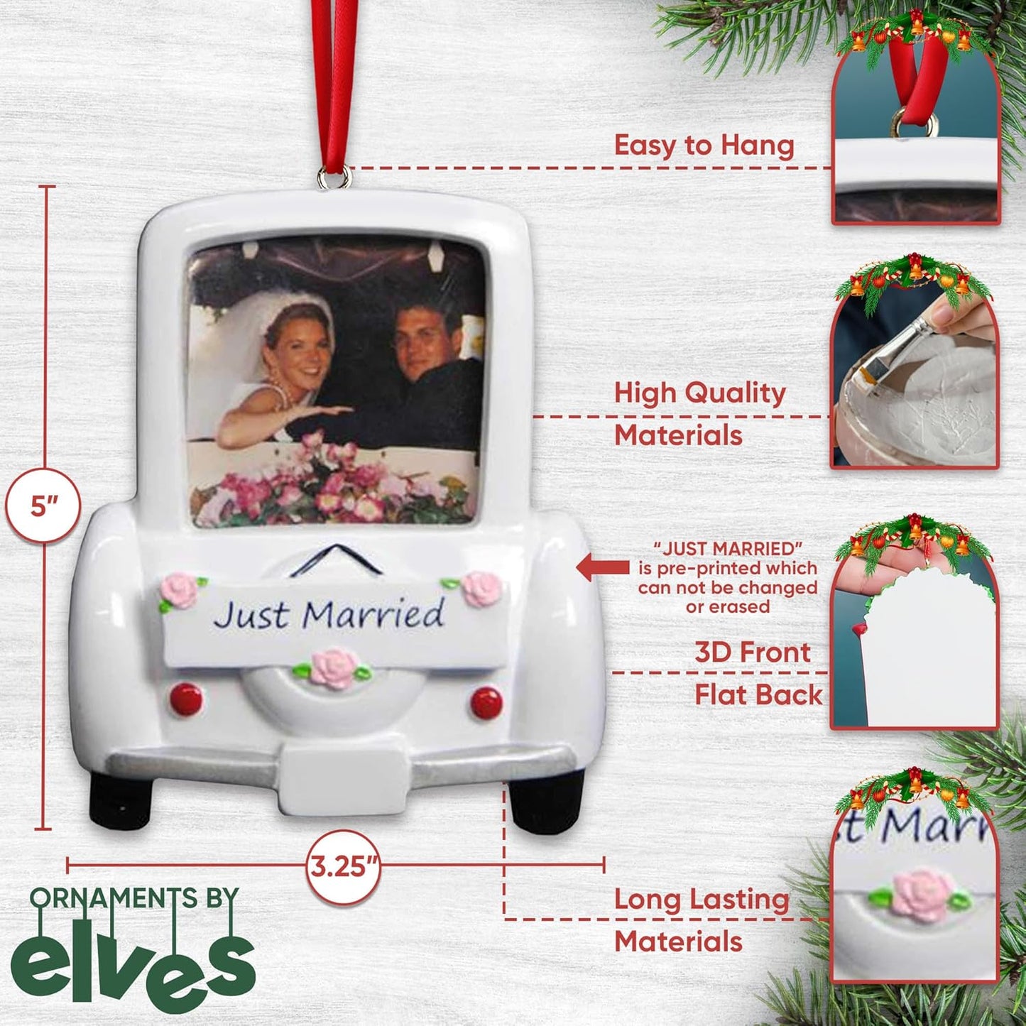 Ornaments by Elves - Personalized Wedding Ornament 2024, Our First Christmas Married, Polyresin Hanging Ornament