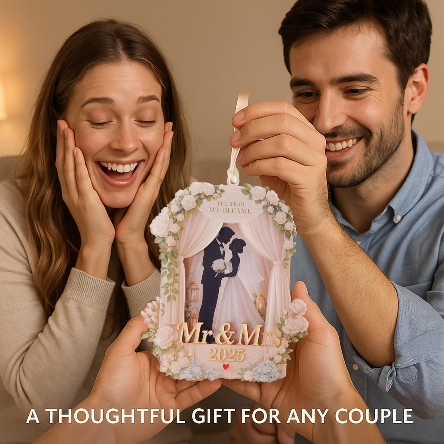 Wedding Gifts for Couples 2025, 3D Acrylic Double Layers Just Married Ornament 2025, Mr and Mrs Ornaments, Car Hanging Ornament, Bride Gift, Gift for Newlyweds (Wedding Ornament White)
