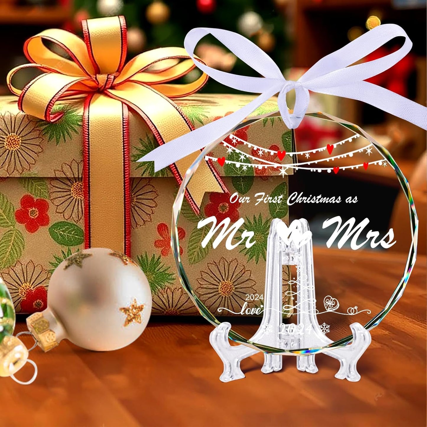BABORUI First Christmas Wedding Gifts - Mr and Mrs Gifts - Wedding Gifts for Couples 2024, First Christmas Married Ornament with Holder, Bridal Shower Gifts for Newlywed Couple