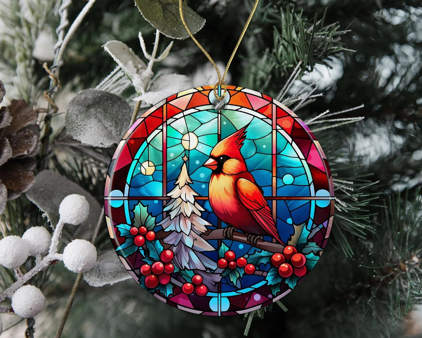 Stained Glass Christmas Bird Ornament Ceramic, Ornament Ceramic, Stained Glass Bird Ornament, Ornament Religious Gift for Christians Printed on Both Sides