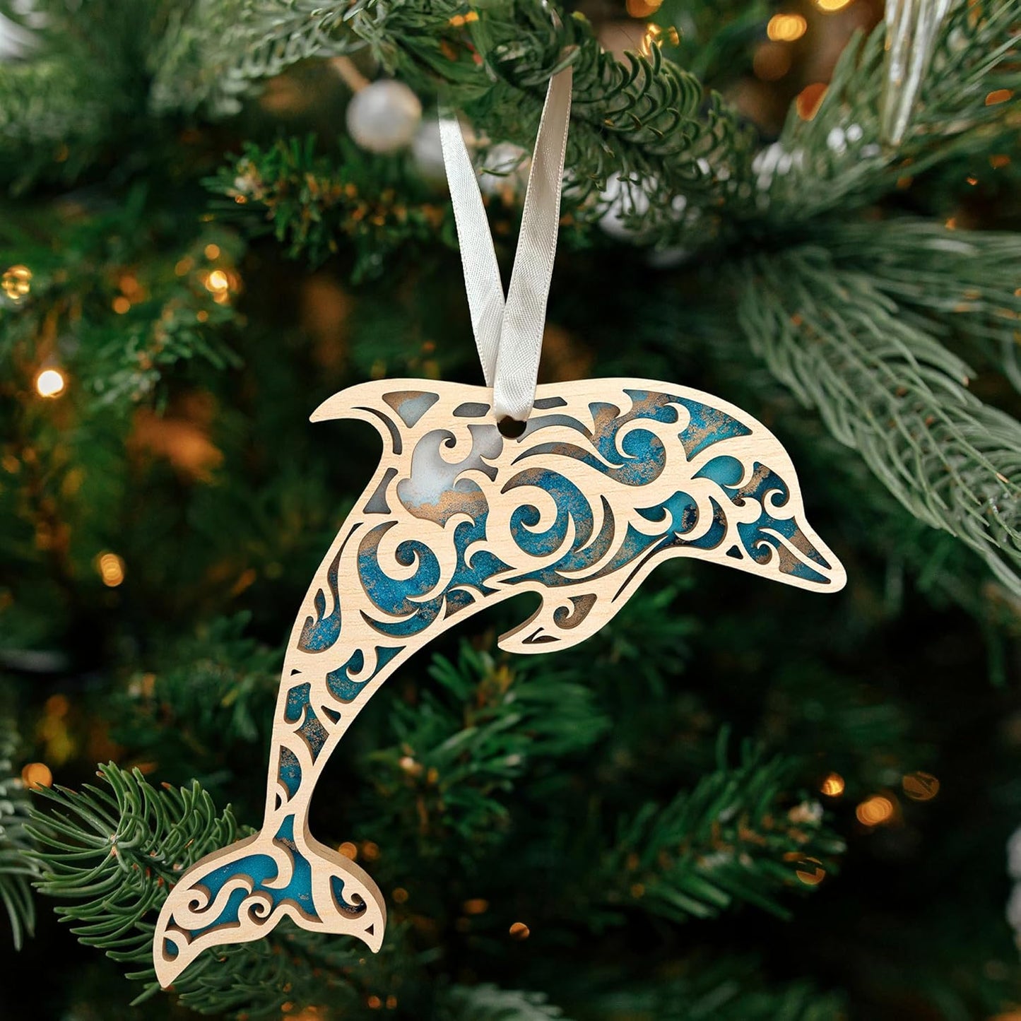 Dolphin Ornaments for Christmas Tree - Dolphin Gifts for Women, Men - Beach Coastal Keepsake - Wood Christmas Hanging Ornament