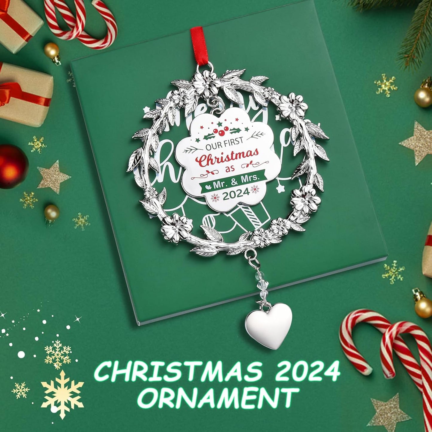 Our First Christmas Ornament 2024, Metal Just Married Christmas Ornament as Mr and Mrs, 1st Christmas Married Ornament 2024, Bridal Shower Wedding Newlywed Gifts for Couple for Christmas Decoration