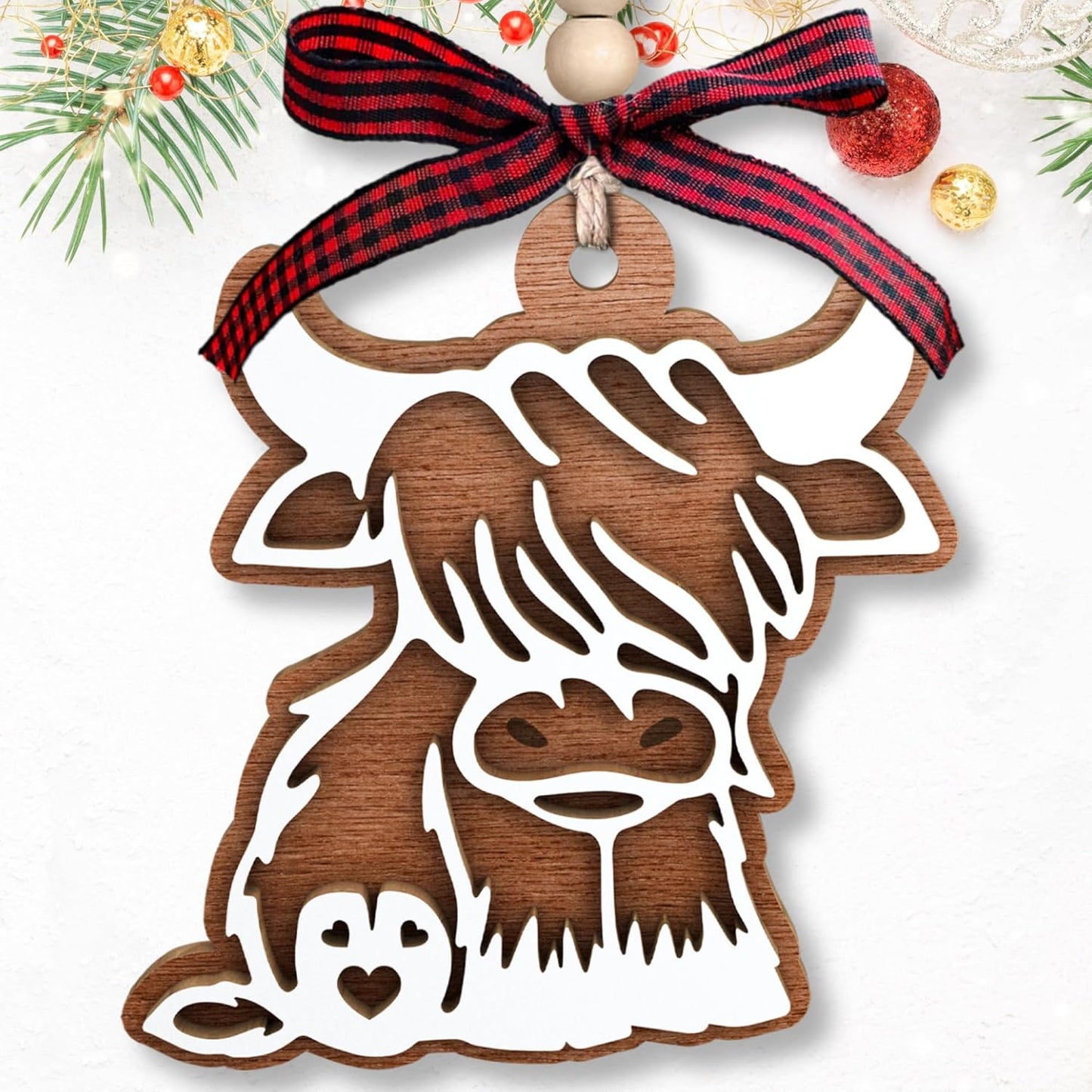 Cow Christmas Ornaments - Highland Cow Gifts - Wooden Ornament