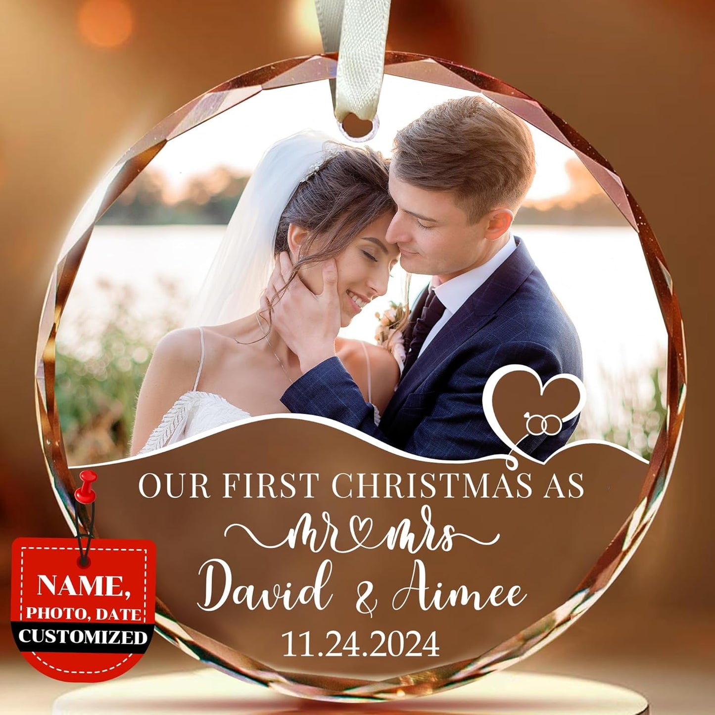 Custom Wedding Glass Ornament - Our First Christmas As Mr& Mrs Ornament - Personalized First Christmas Ornaments with Custom Name, Photo, Date