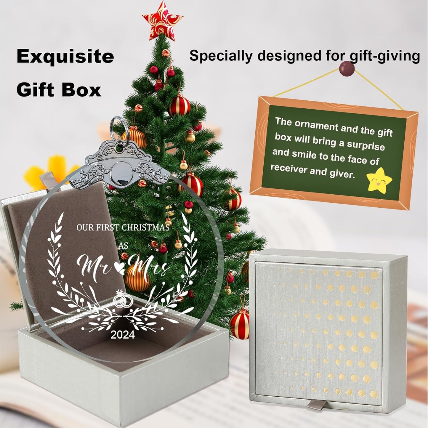 Wedding Gifts for Couples Newly Unique 2024 Crystal Glass 3" with Gift Box, First Christmas Married Ornament 2024 Mr and Mrs Gifts Just Married Ornament, Bridal Shower Gifts for Bride-Mr Mrs 2