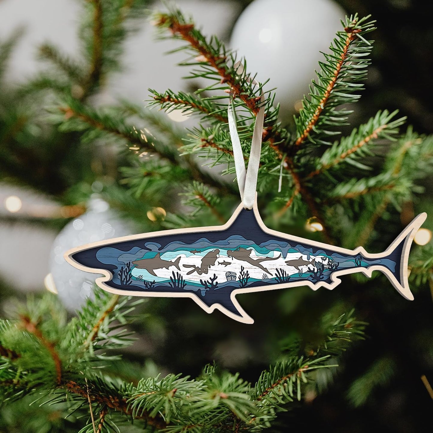 Shark Christmas Ornament - Shark Ornament - Shark Ornaments for Christmas Tree - Shark Gifts, Shark Gifts for Women, Men - Shark Themed Gifts, Gifts for Shark Lovers - Wood Ornament