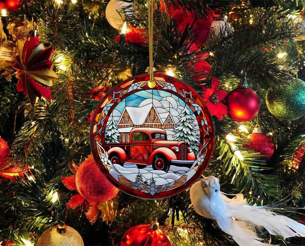 Red Truck Farmhouse Ornament, Stained Ceramic Christmas Ornament, Red Vintage Truck Ornament, Stained Glass Themed Ceramic Christmas Ornament