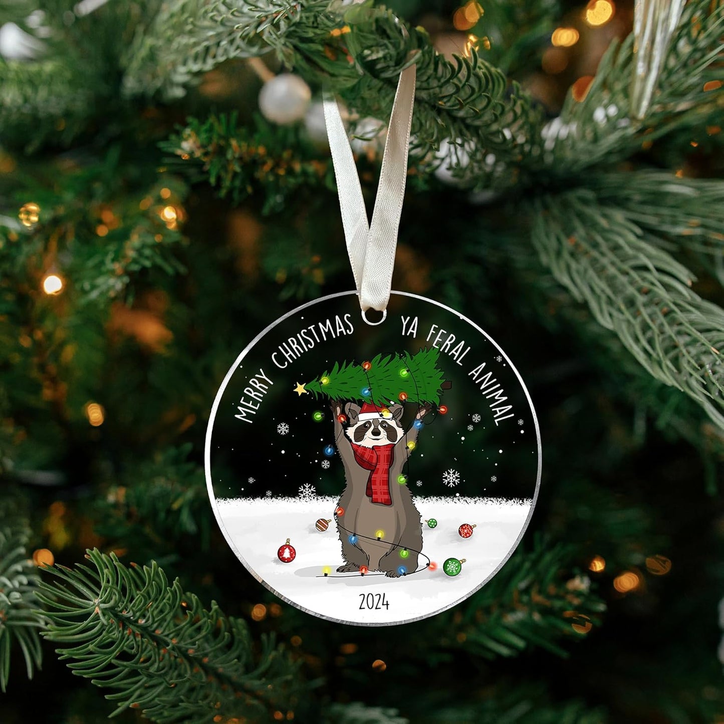 Raccoon Christmas Ornament 2024 - Raccoon Christmas Ornaments, Animal Ornaments for Tree - Animal Gifts for Family, Friends, Coworker - Acrylic Ornament 2024