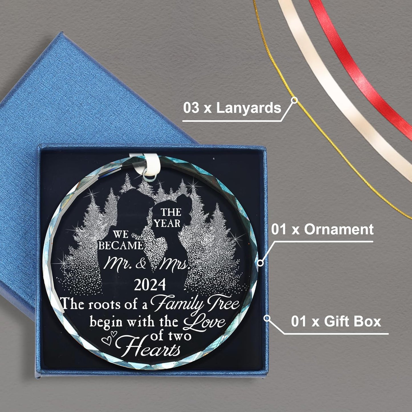 WANDER PRINTS Don't Worry, It's Gift Box Ready - Wedding Gift for Couples - 2024 First Christmas Married Glass Ornament for Couple, Bride - Bridal Shower Gift for Newlyweds - Mr & Mrs Keepsake