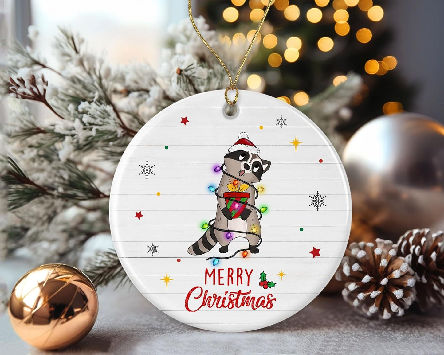 Merry Christmas Raccoon Ornament, 2023 Christmas Ornament, Raccoon Christmas Light Ornament, Kids Christmas Ornament, Animal Christmas Ornament Printed on Both Sides