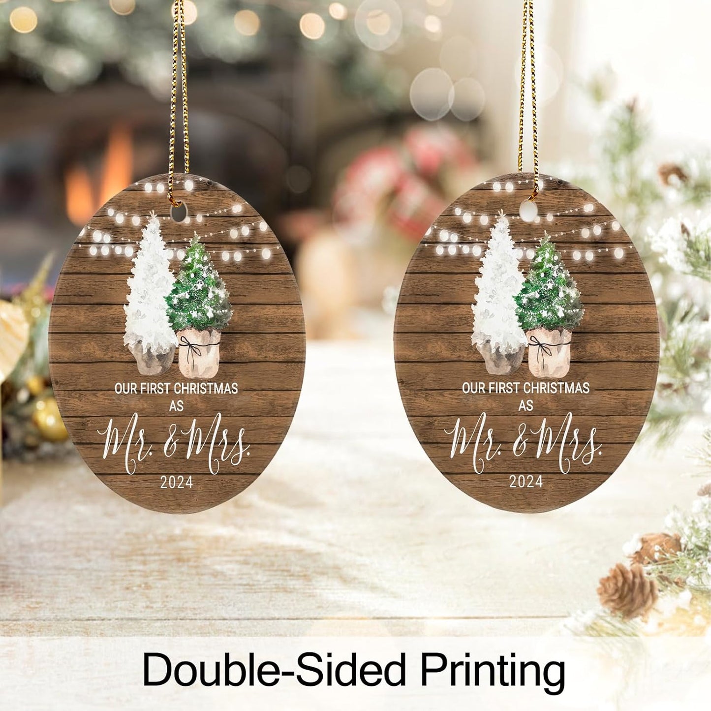 Our First Christmas Keepsake Ornament 2024, Just Married Gift for Newlyweds, Ceramic 1st Christmas Married Ornament with Ribbon and Gift Box