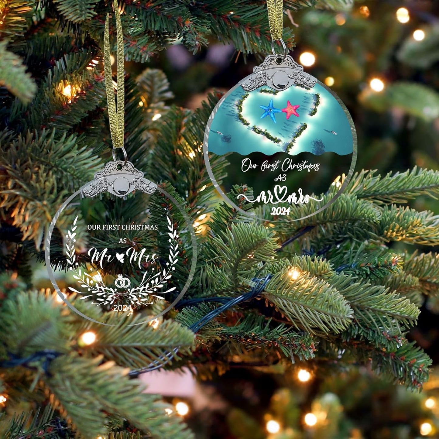 Wedding Gifts for Couples Newly Unique 2024 Crystal Glass 3" with Gift Box, First Christmas Married Ornament 2024 Mr and Mrs Gifts Just Married Ornament, Bridal Shower Gifts for Bride-Mr Mrs 2