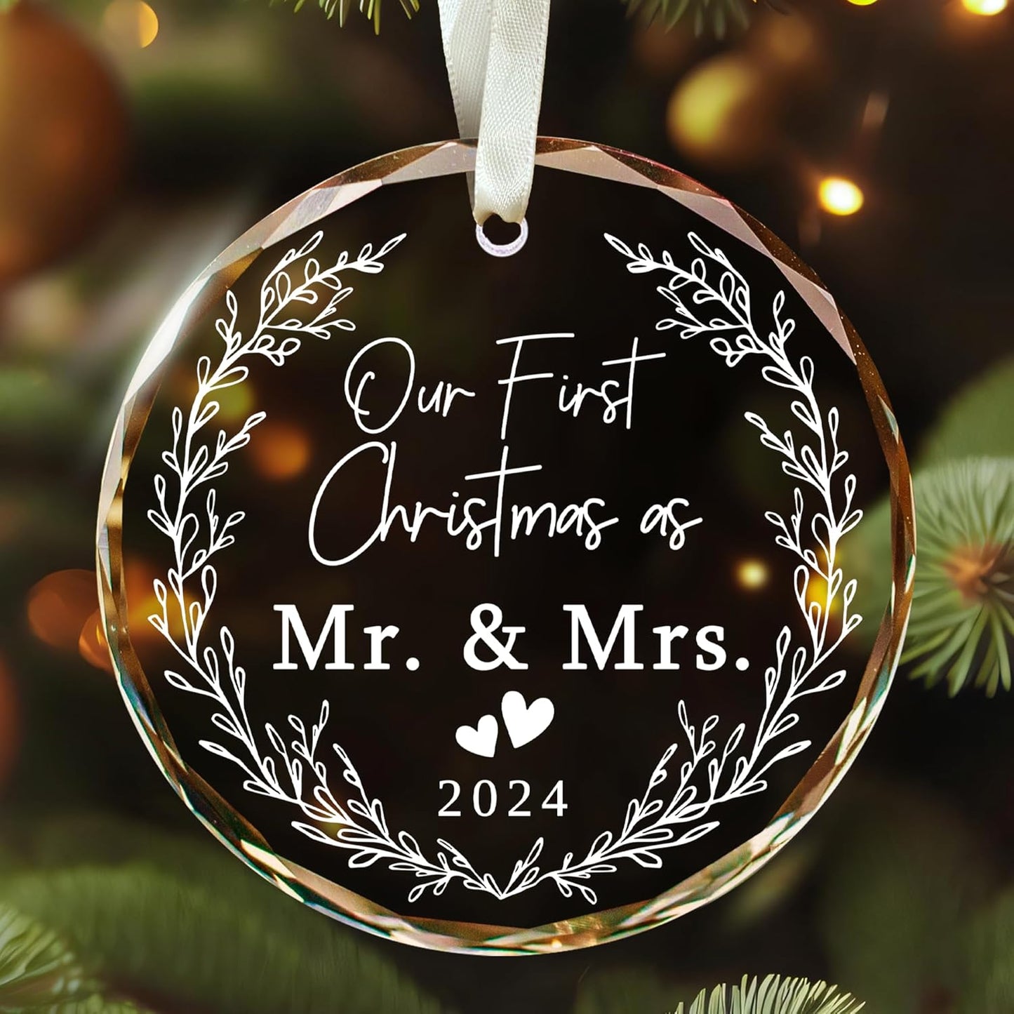 Our First Christmas Ornament Married 2024 - Wedding Gifts - Mr and Mrs Gifts for Couple, Bride - 1st Married Bridal Shower Gift Ideas - Glass Xmas Ornament