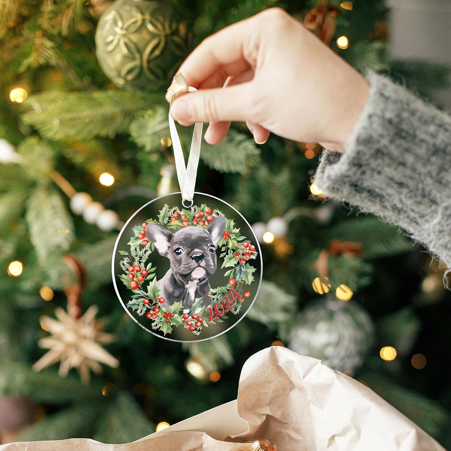 Frenchie Ornament for Christmas Tree - Dog Gifts for Women - Acrylic Christmas Ornament