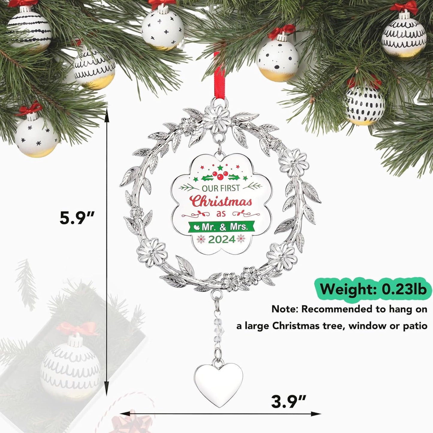 Our First Christmas Ornament 2024, Metal Just Married Christmas Ornament as Mr and Mrs, 1st Christmas Married Ornament 2024, Bridal Shower Wedding Newlywed Gifts for Couple for Christmas Decoration