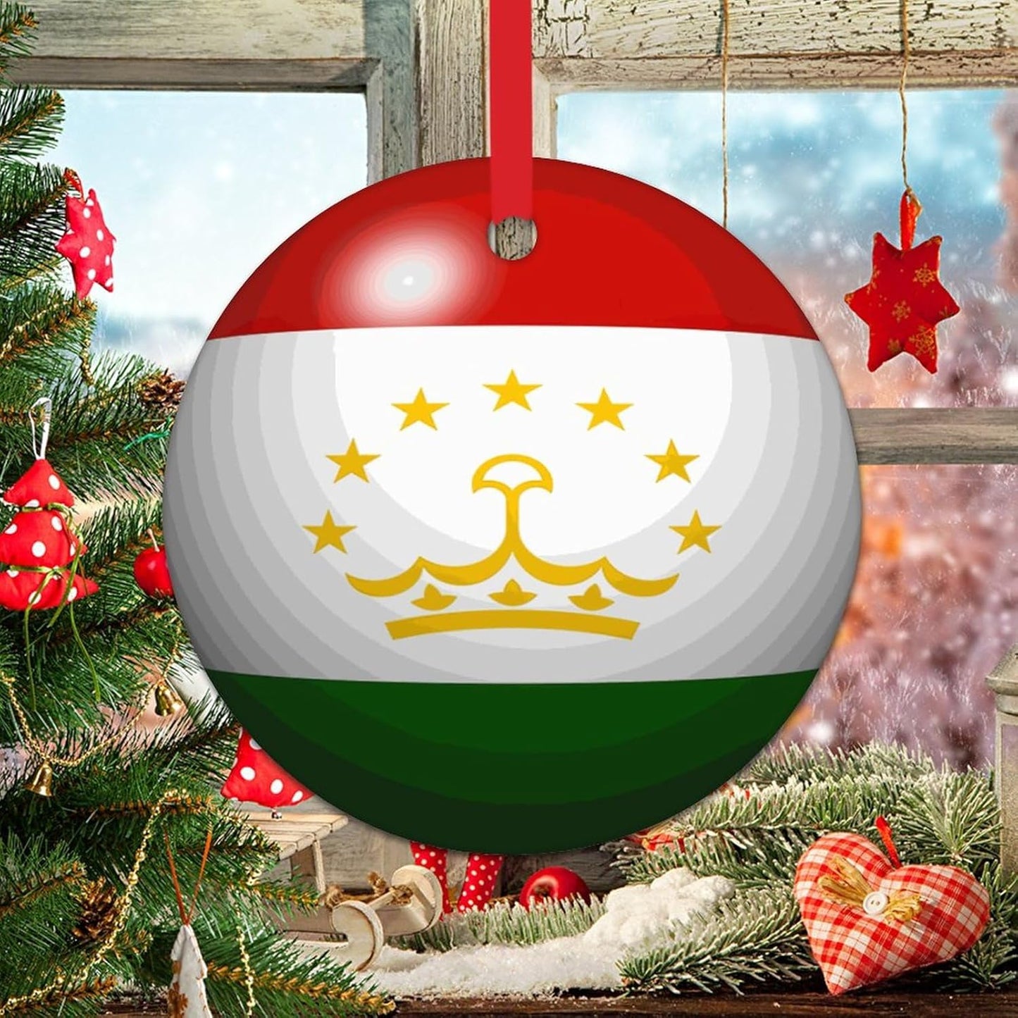 Christmas Ornament - Tajikistan Ornament - Xmas Gift Ceramic Ornament Tajikistan Flag Tree Decoration Ornament Country Souvenir Christmas Decorations Travel Lover