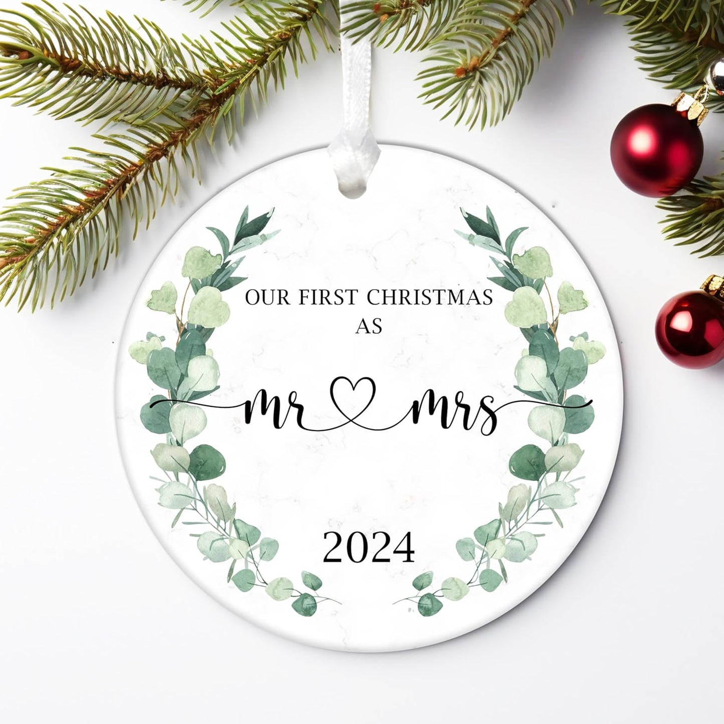 Our First Christmas Married Ornament 2024, Wedding Gifts for Mr and Mrs, 3" Ceramic Christmas Ornament, Wedding Gifts for Couple Xmas Tree Decoration (Greenery)