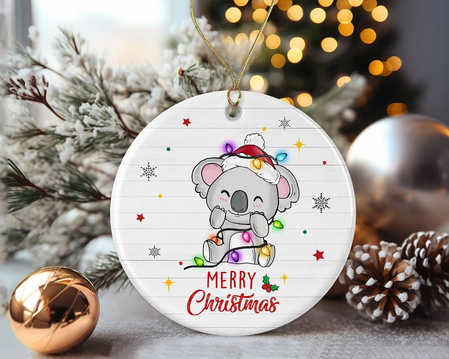 Merry Christmas Koala Ornament, 2023 Christmas Ornament, Koala Christmas Light Ornament, Kids Christmas Ornament, Animal Christmas Ornament Printed on One Side