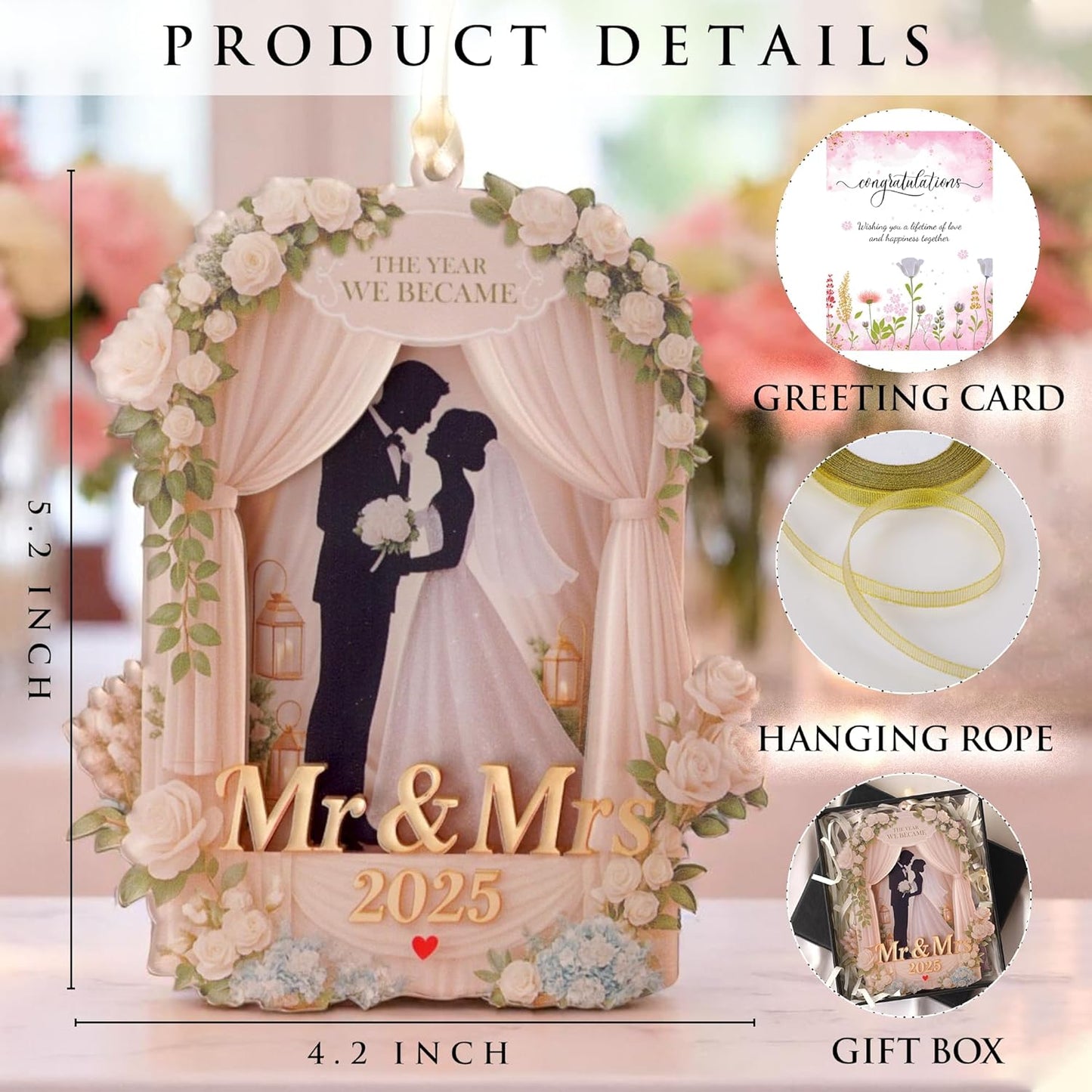 Wedding Gifts for Couples 2025, 3D Acrylic Double Layers Just Married Ornament 2025, Mr and Mrs Ornaments, Car Hanging Ornament, Bride Gift, Gift for Newlyweds (Wedding Ornament White)