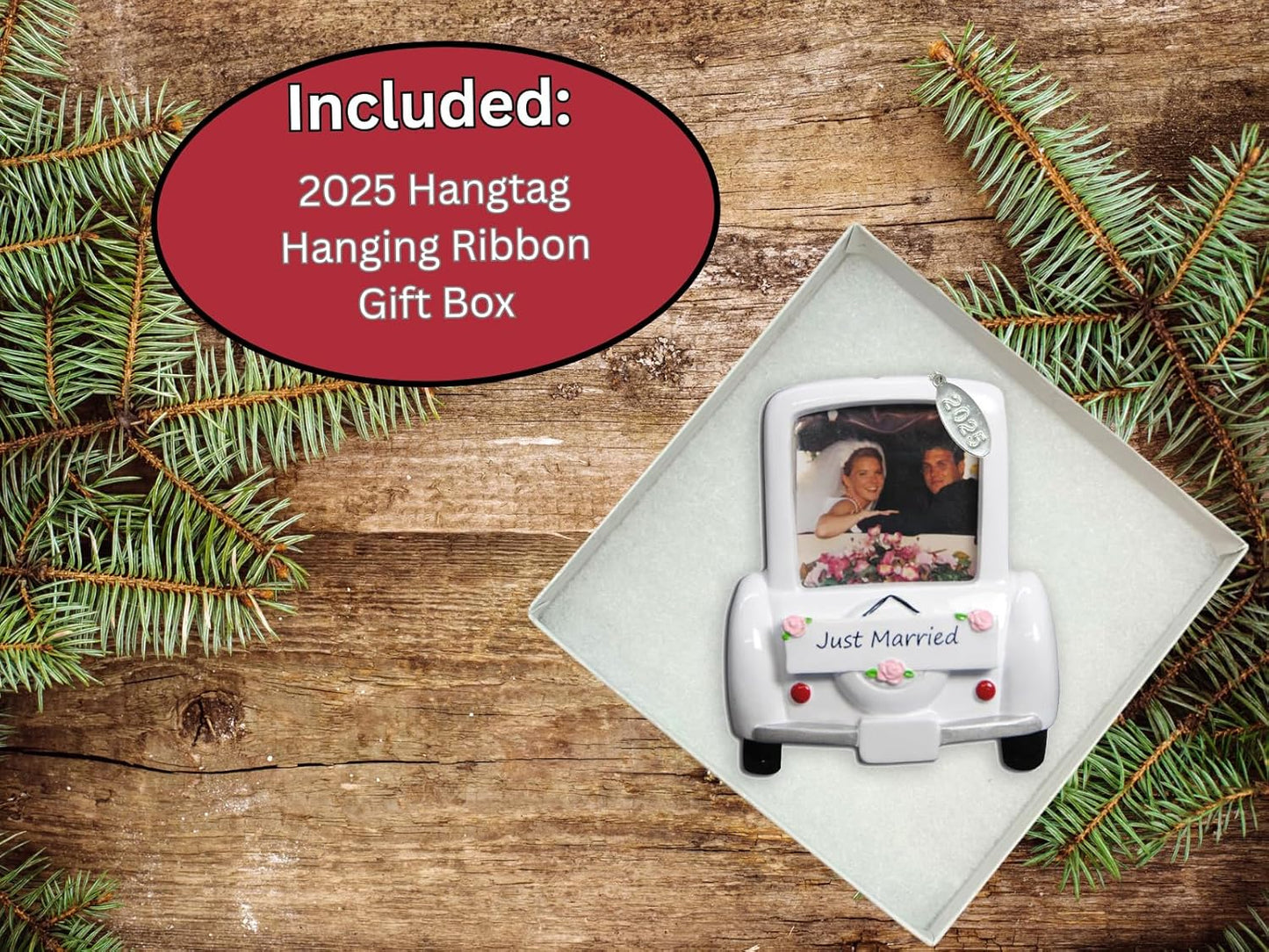 2025 Our First Christmas Ornament Wedding Car Picture Frame Ornament with Bride and Groom - Easy to Personalize - Comes in a Gift Box