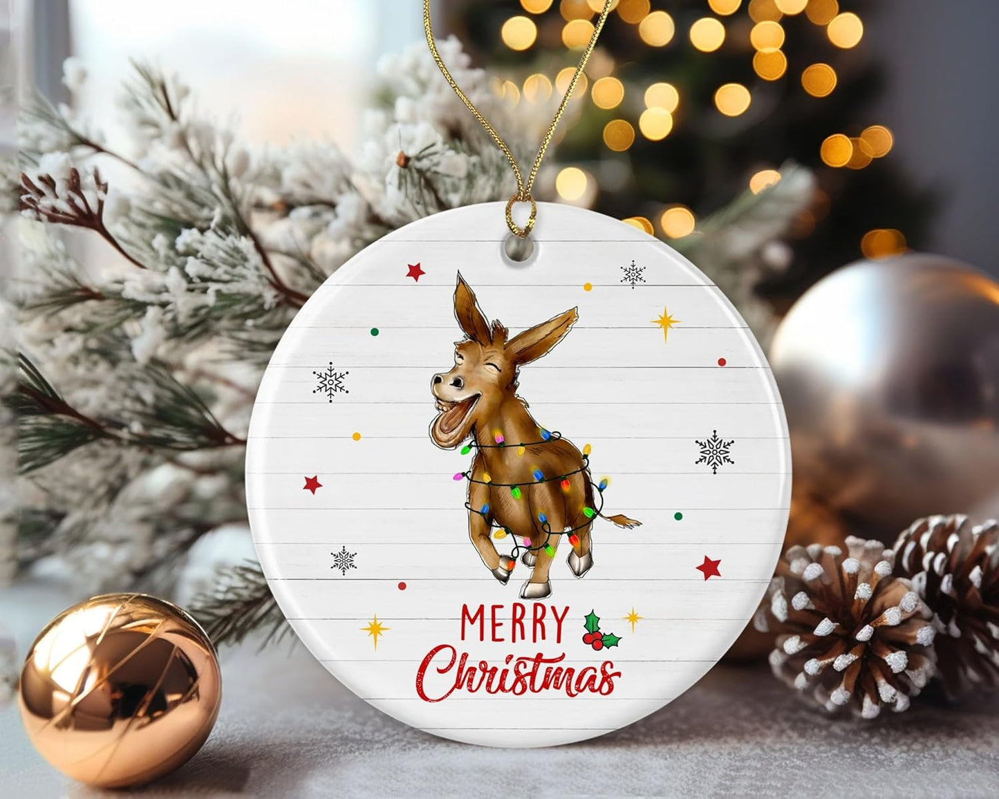 Merry Christmas Donkey Ornament, 2024 Christmas Ornament, Donkey Christmas Light Ornament, Kids Christmas Ornament, Animal Christmas Ornament Printed on Both Sides