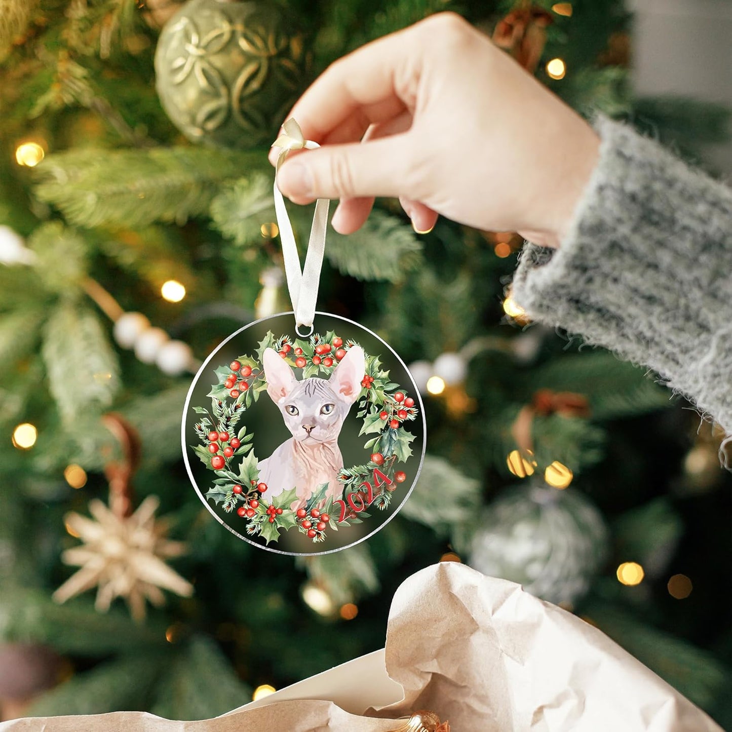Sphynx Cat Christmas Ornament - Cat Lover Gifts for Women, Men - Acrylic Christmas Ornament 2024