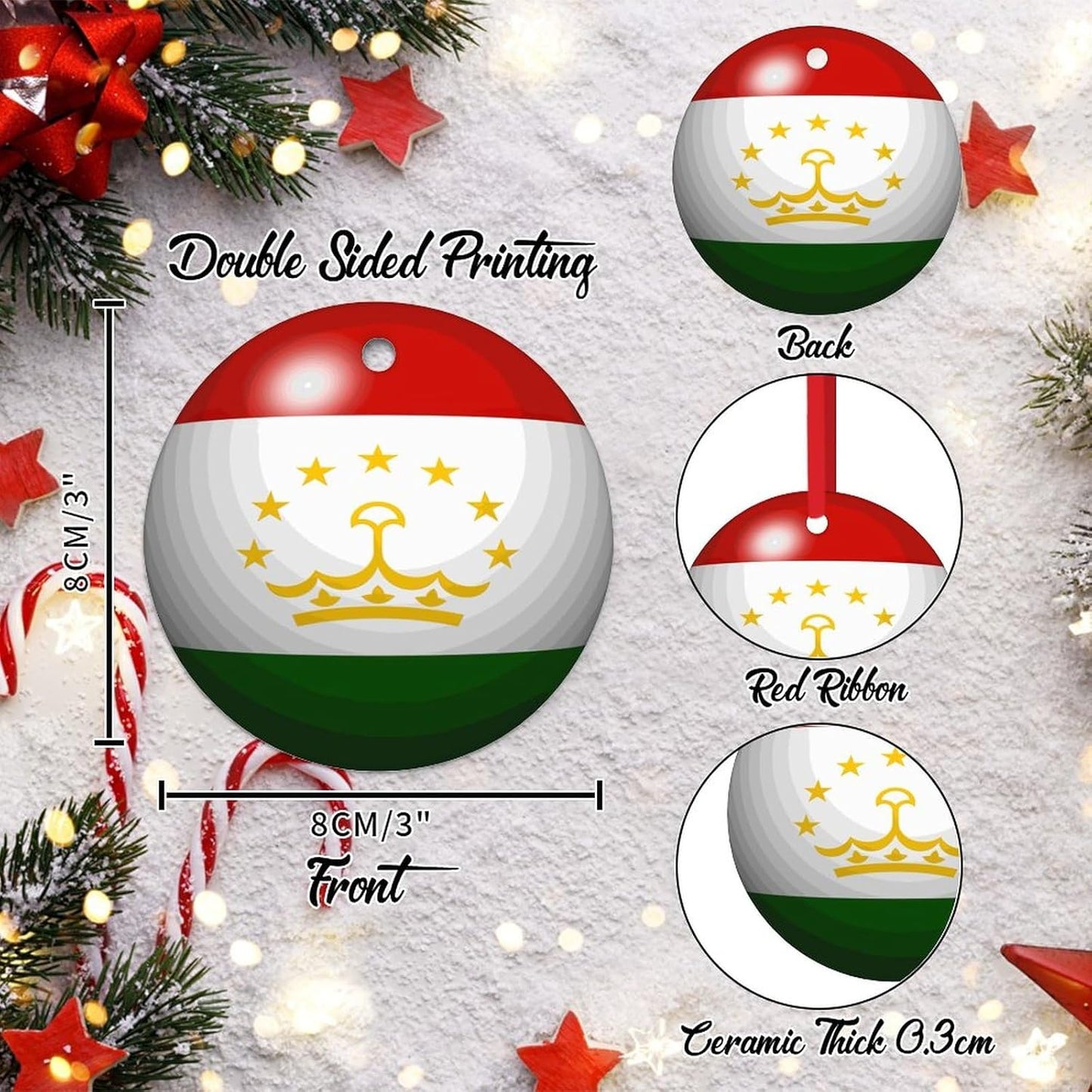 Christmas Ornament - Tajikistan Ornament - Xmas Gift Ceramic Ornament Tajikistan Flag Tree Decoration Ornament Country Souvenir Christmas Decorations Travel Lover