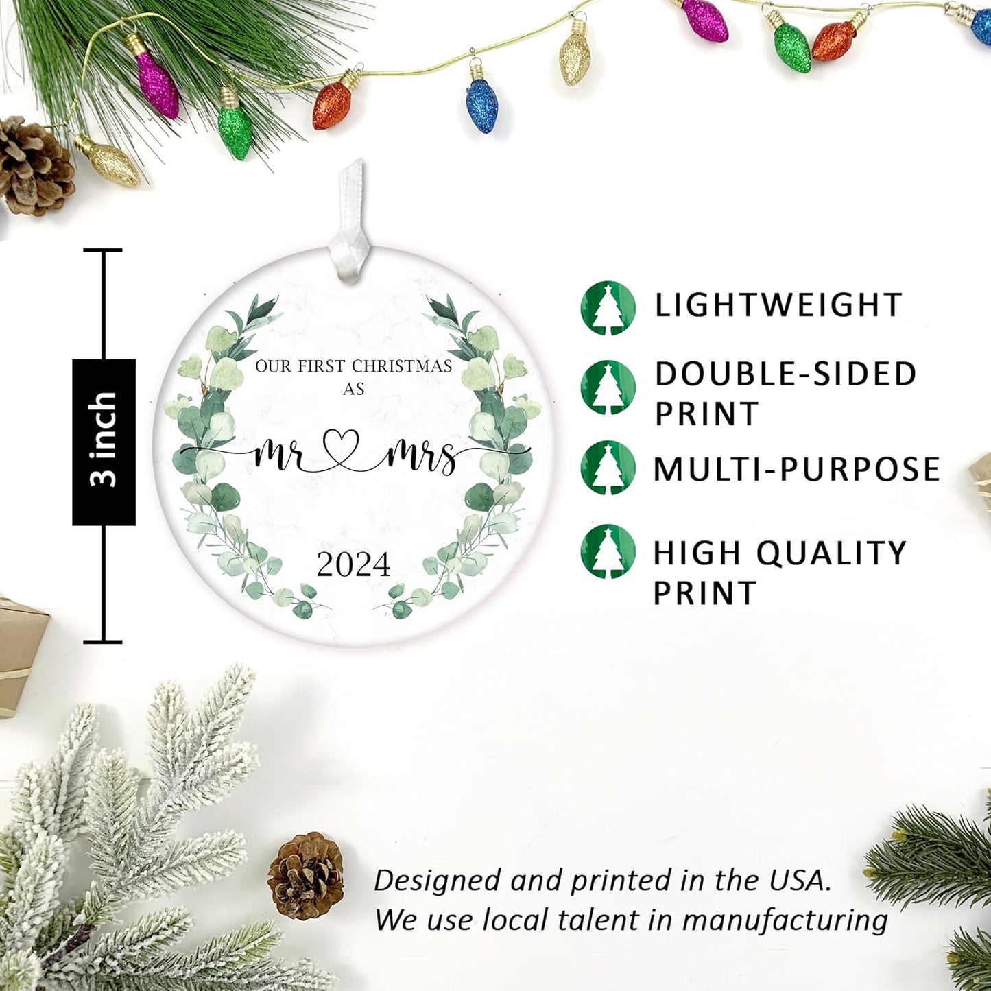 Our First Christmas Married Ornament 2024, Wedding Gifts for Mr and Mrs, 3" Ceramic Christmas Ornament, Wedding Gifts for Couple Xmas Tree Decoration (Greenery)