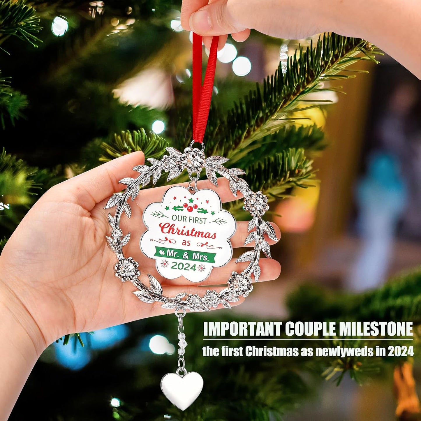 Our First Christmas Ornament 2024, Metal Just Married Christmas Ornament as Mr and Mrs, 1st Christmas Married Ornament 2024, Bridal Shower Wedding Newlywed Gifts for Couple for Christmas Decoration