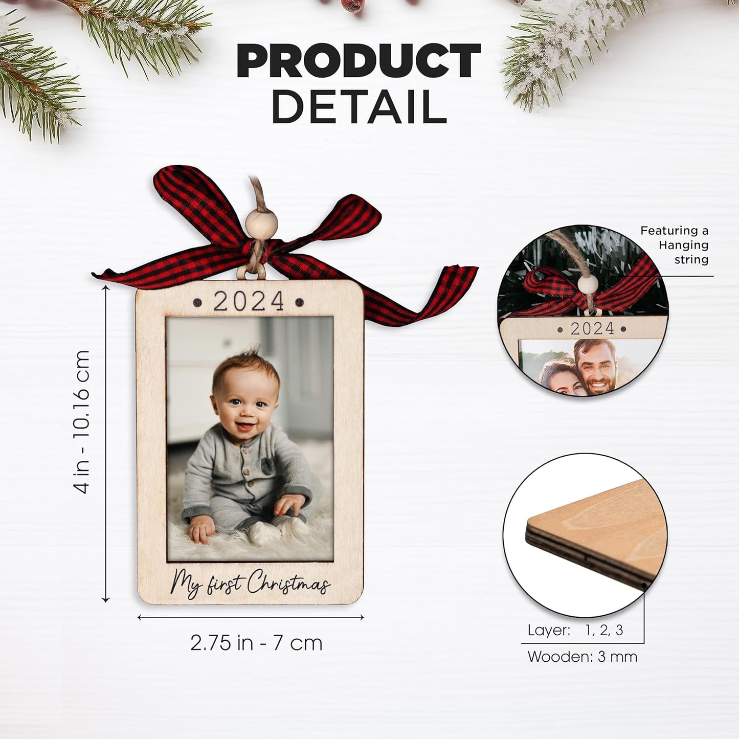 Baby's First Christmas Ornament 2024, Baby First Christmas Picture Frame Ornament, 2x3 Picture Frame Wooden Ornament, Babys First Christmas Ornament 2024 Girl, Boy, My First Christmas Ornament 2024