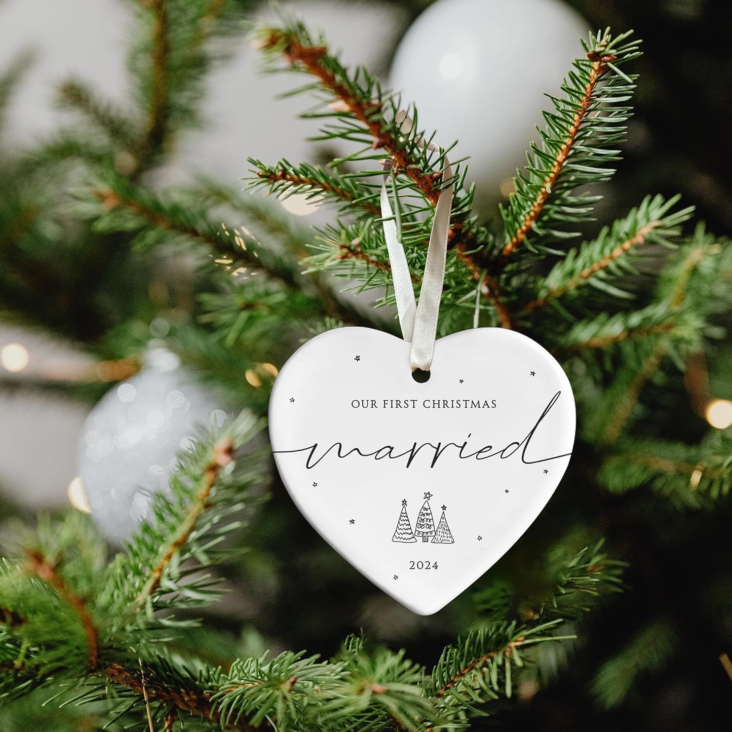 Our First Christmas Married Ornament 2024 - Wedding Ornaments, 2024 Wedding Newlywed Christmas Ornaments 2024 - Ceramic Ornament
