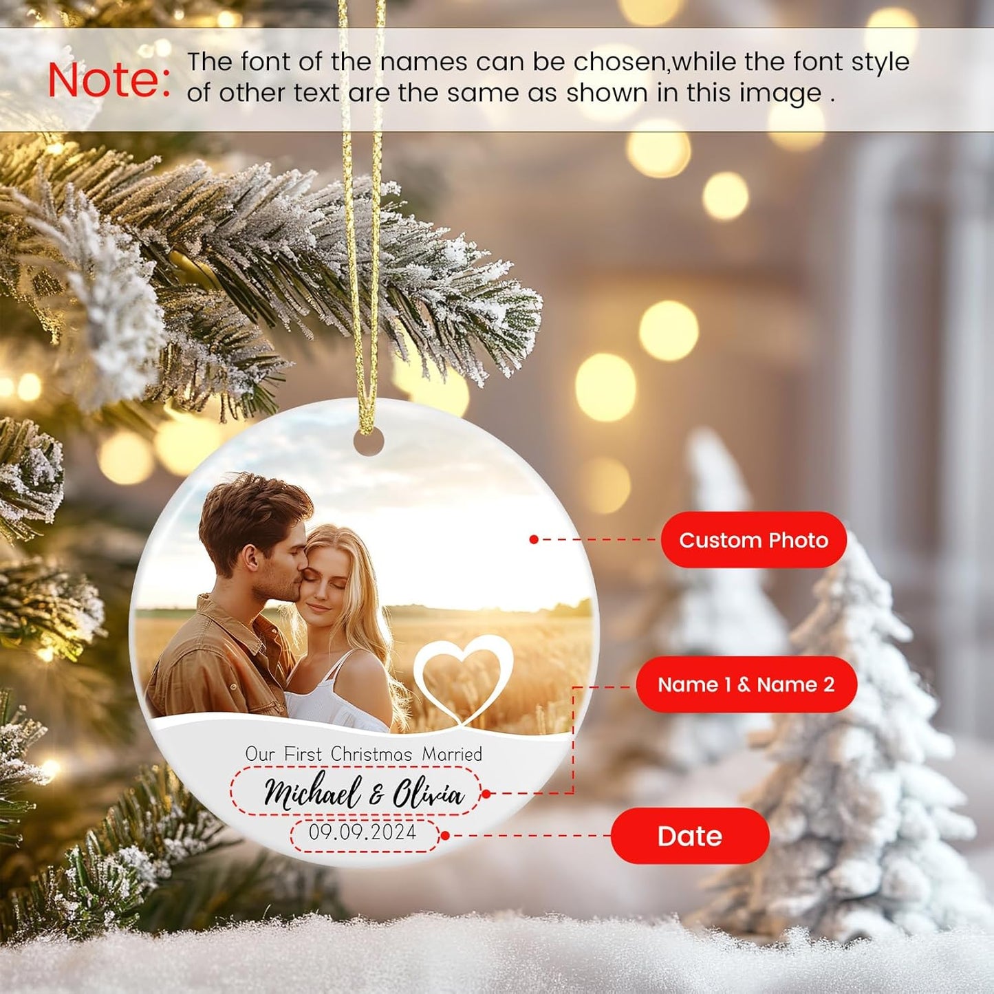 Our First Christmas Married Ornament, Personalized Engaged Ornament 2024, Customized Photo Tree Decoration Gifts for Couples Him Her