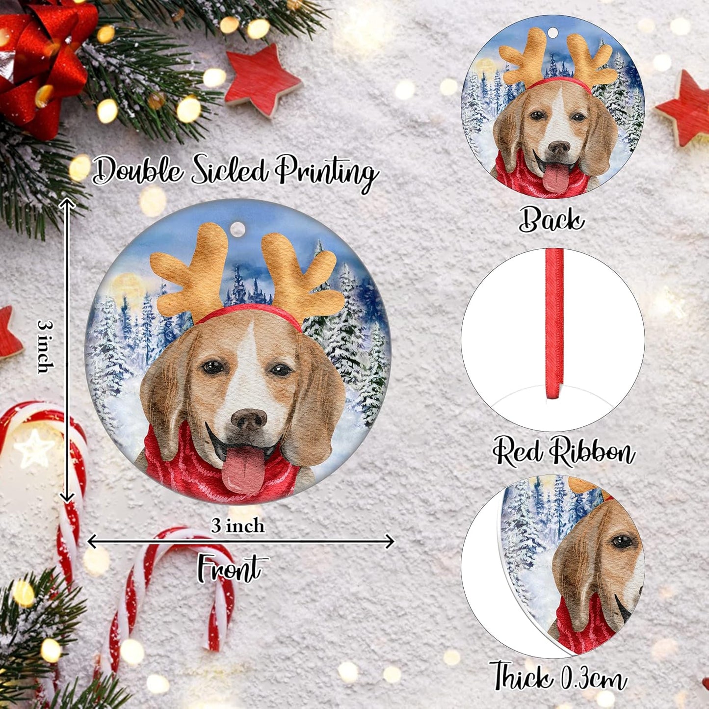 Beagle Christmas Ornament Merry Christmas Ornament Dog Deer Hat Christmas Ornament Happy New Years Ceramic Hanging Ornament for Christmas Trees Decoration First Christmas Ornament New Baby Gift