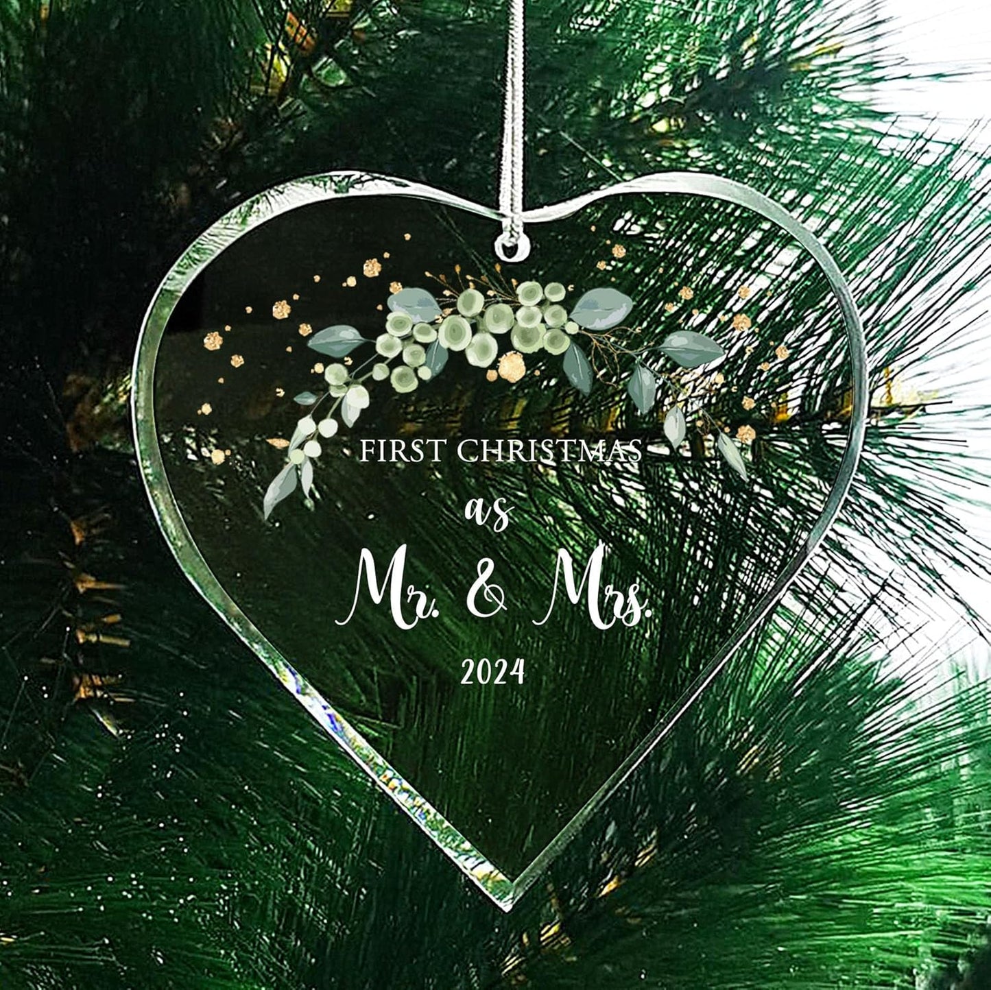 Wedding Gifts for Couple Christmas Ornaments Tree Hanging Decoration Newlywed Married Christmas 2023 Our First Christmas as Mr. and Mrs. Ornament (Glass Green Leaves)