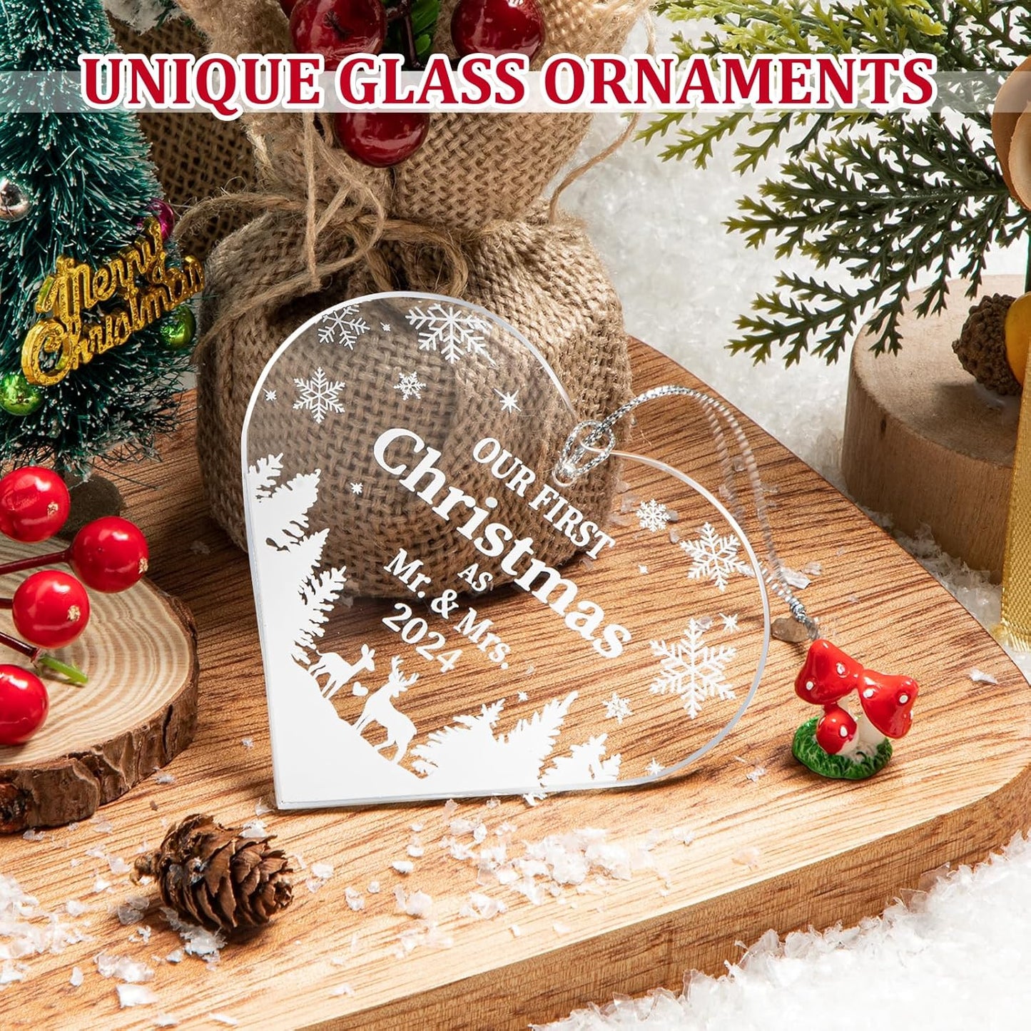 Our First Christmas as Mr and Mrs Ornament 2024 Decoration, Married Ornament 1st Year Wedding Gifts Glass 3.5 Inch with Gift Box, Bridal Shower Gift for Newlywed Couple Christmas Tree Wedding Ornament
