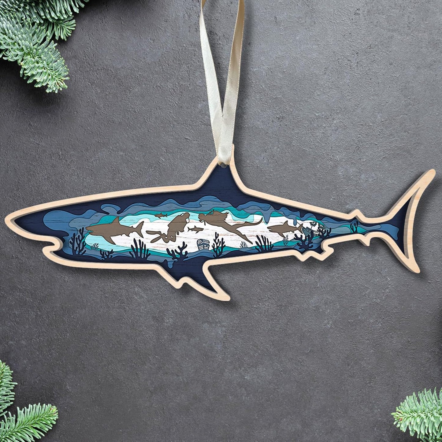 Shark Christmas Ornament - Shark Ornament - Shark Ornaments for Christmas Tree - Shark Gifts, Shark Gifts for Women, Men - Shark Themed Gifts, Gifts for Shark Lovers - Wood Ornament