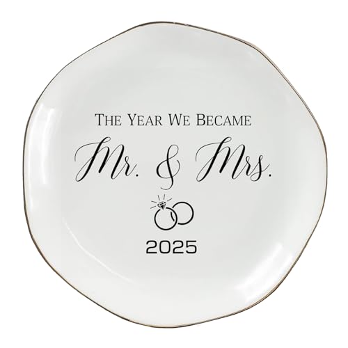 The Year We Became Mr & Mrs 2025 Ring Dish - Elegant Ceramic Ring Holder for Engagement, Wedding, and Bridal Shower Gifts - Honeymoon Keepsake for Friends, Newlyweds, and Bride-to-Be