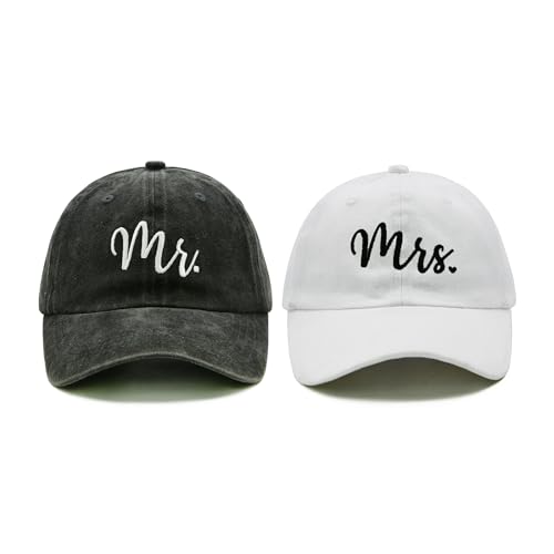 Mr and Mrs Hats, Newlywed Honeymoon Wedding Gifts, Adjustable Cotton Embroidered Baseball Hat Couples Set