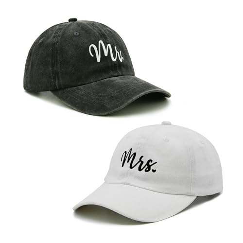 Mr and Mrs Hats, Newlywed Honeymoon Wedding Gifts, Adjustable Cotton Embroidered Baseball Hat Couples Set