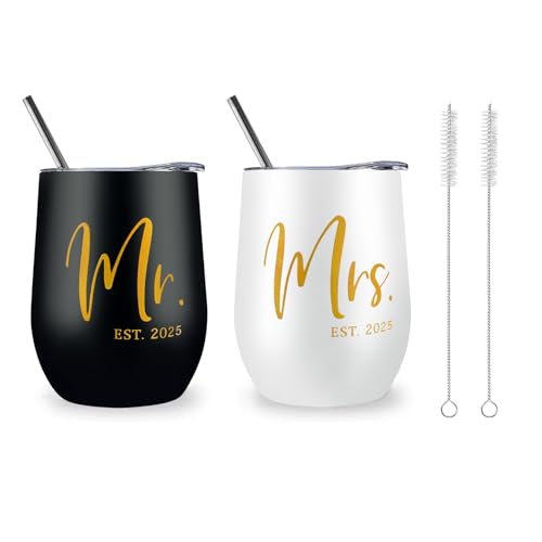 ELEGANTPARK Mr and Mrs Gifts Wedding Gifts for Couples 2025 Newlyweds Engagement Present for Bride and Groom Cups Stainless Steel Mr & Mrs Wine Tumbler with Lid and Straw 12 OZ