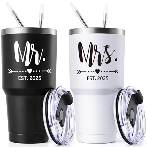 Gtmileo Mr and Mrs Gifts, Mr and Mrs EST 2025 Stainless Steel Insulated Tumbler Set, Wedding Gifts for Couples Bride To Be, Mr and Mrs Cups, Bridal Shower Gifts Wedding Registry(30oz, Black&White)