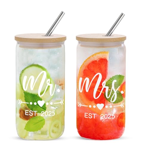 Mr & Mrs Coffee Cups 2025 Gift Set, Wedding & Engagement Gifts for Couples - His & Hers Glass Tumbler Set With Straw
